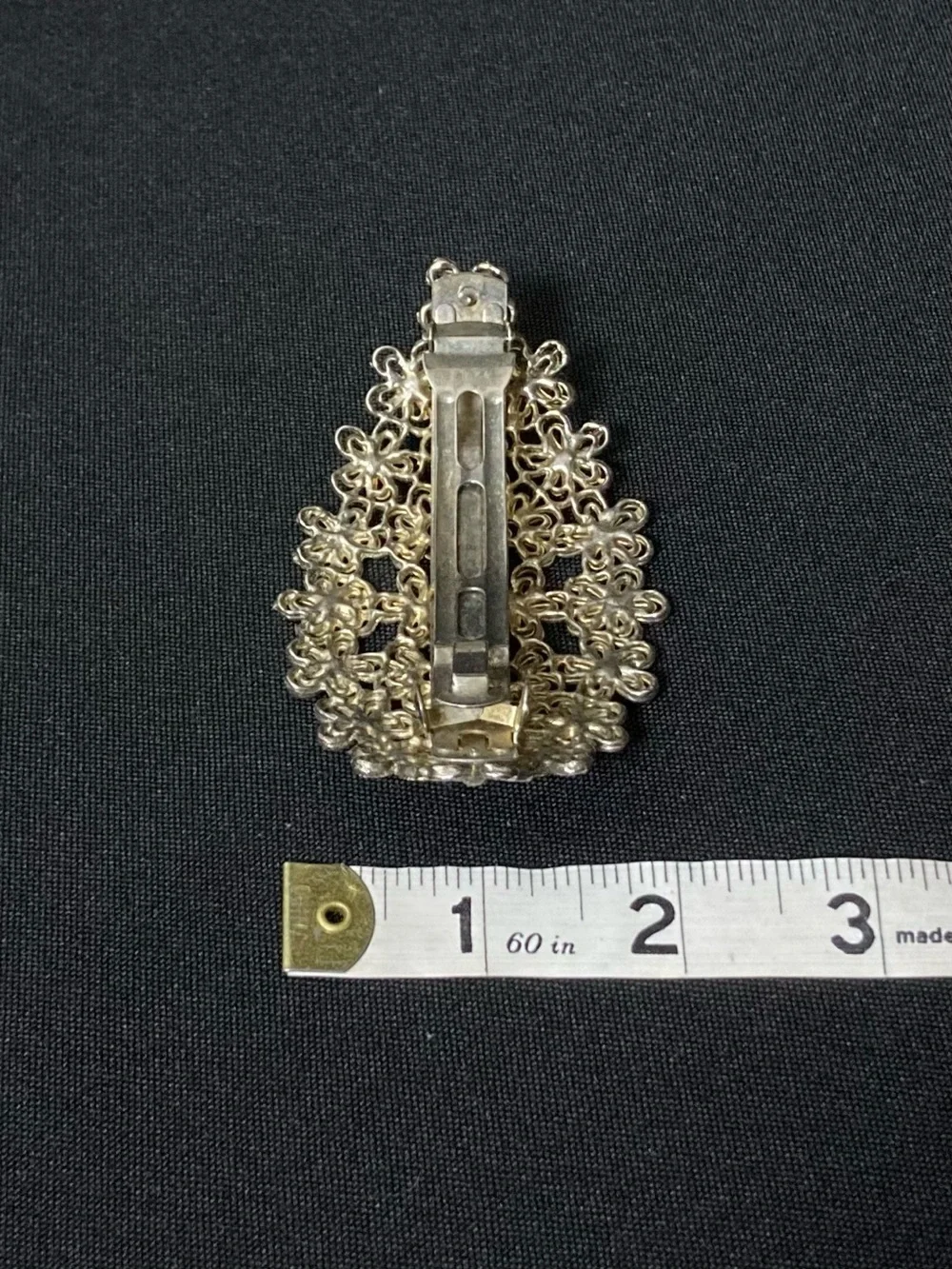 ⭐️ Vintage Silver Filigree Floral Rhinestone Embellished French Barrette